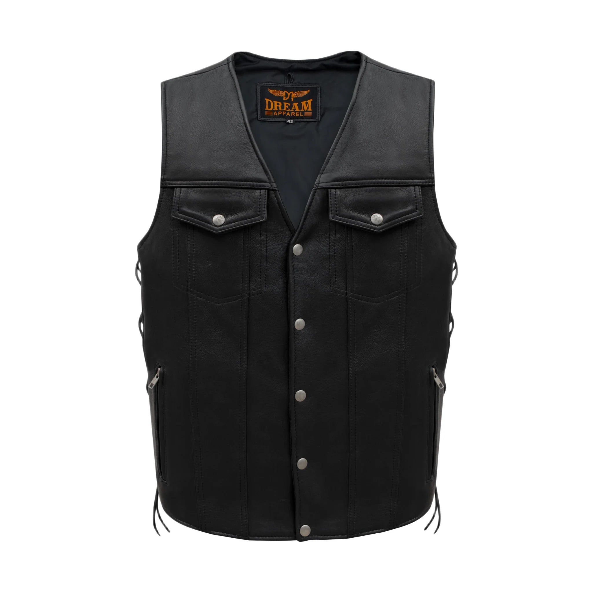 Mens Black Leather Vest Dream Apparel Button Front Side Lace Detail