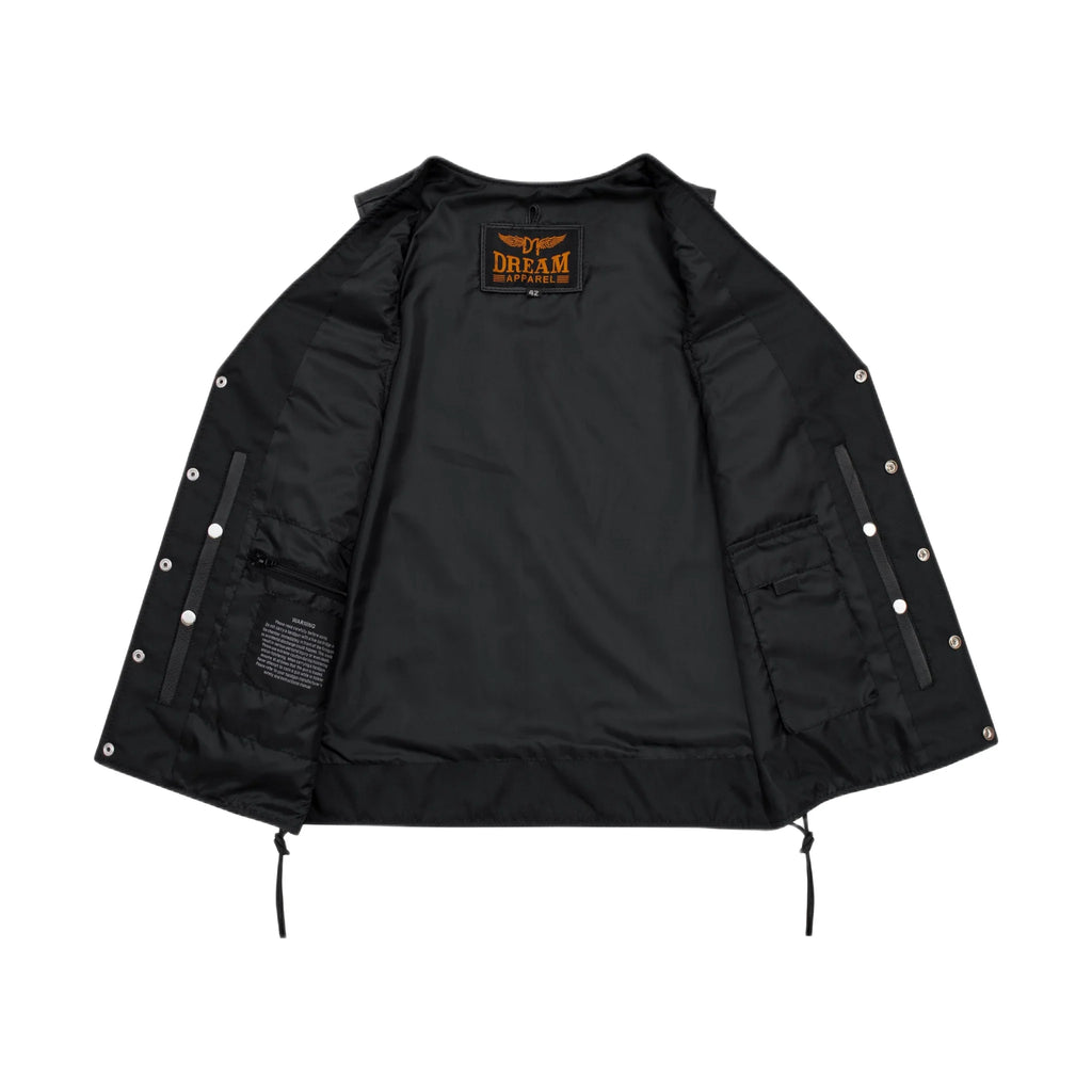 Dream Apparel Men's Black Leather Vest Buttoned Front Closure Side Laces
