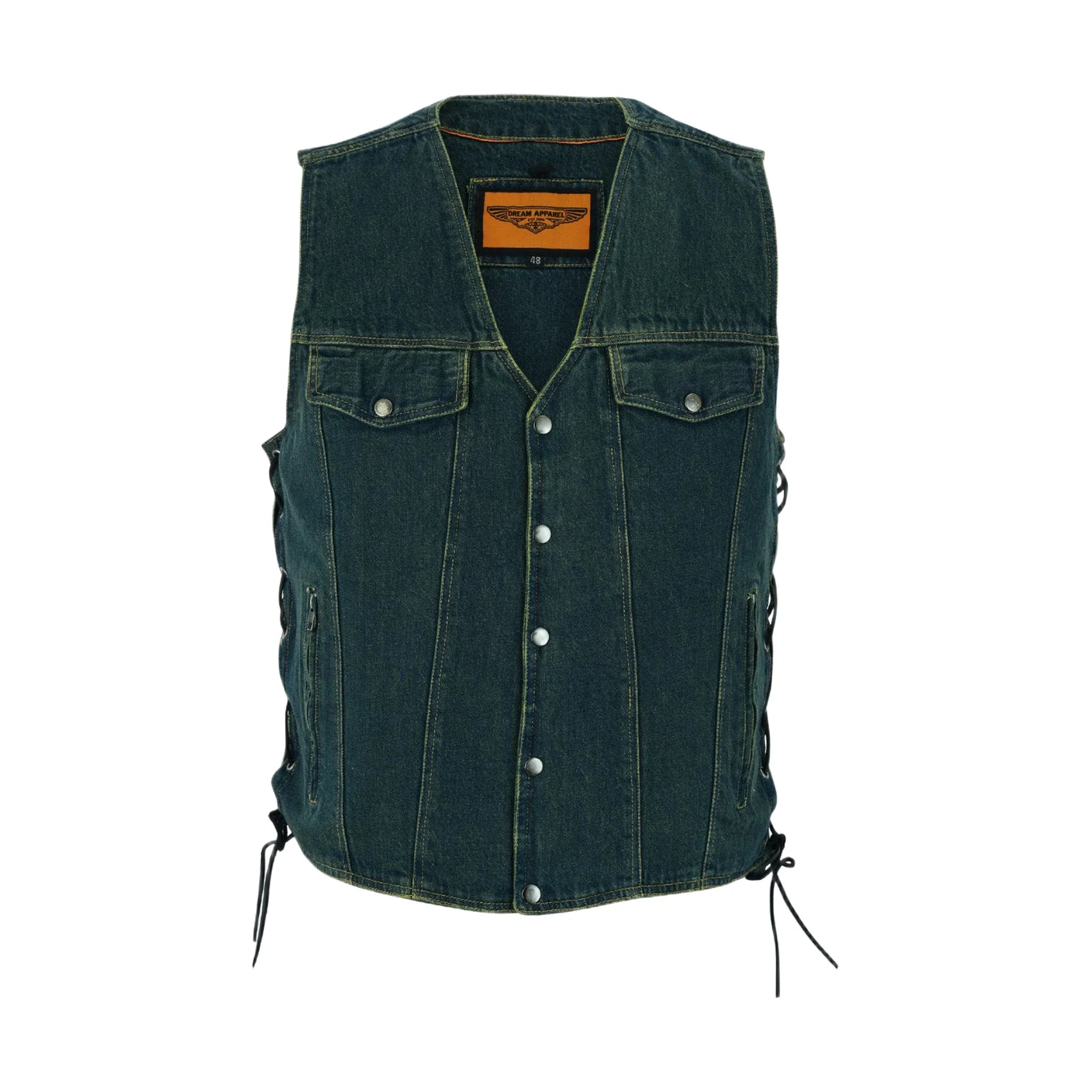Motorcycle Denim Vest Side Laces V-collar Front Zipper Pockets