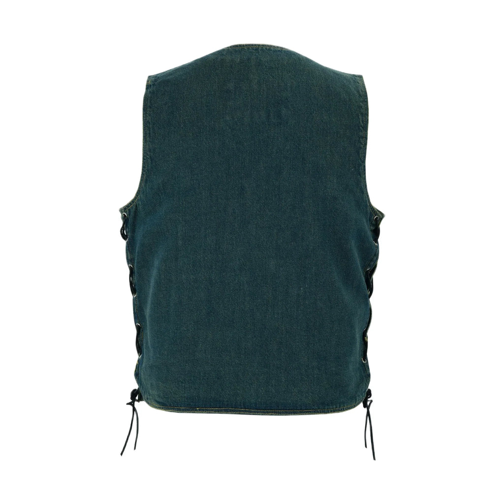 Motorcycle Denim Vest Side Laces V-collar Front Zipper Pockets