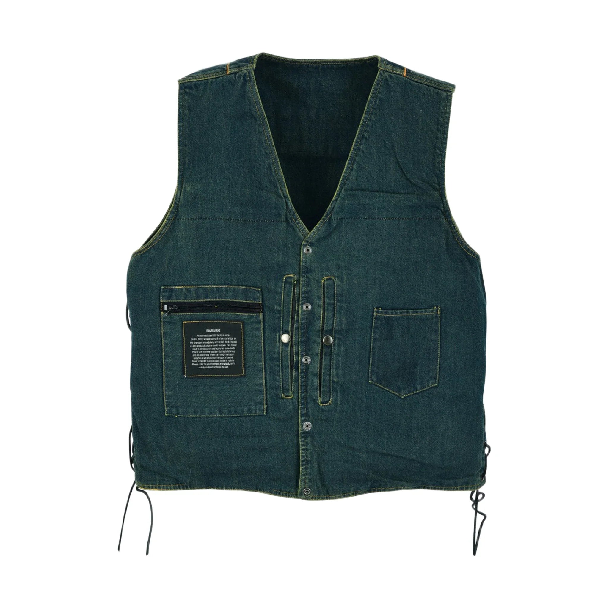 Motorcycle Denim Vest Side Laces V-collar Front Zipper Pockets