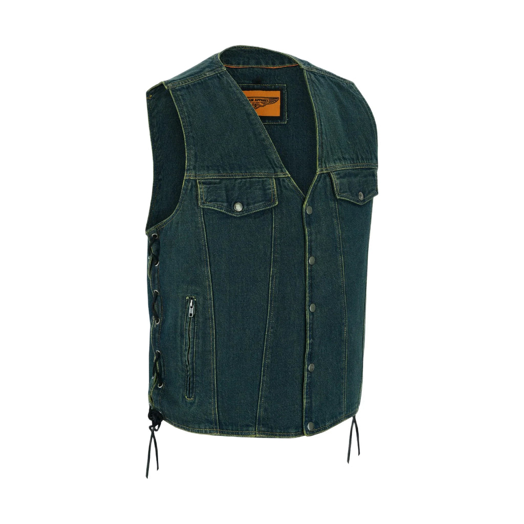 Motorcycle Denim Vest Side Laces Snap Front Zipper Pockets Concealed