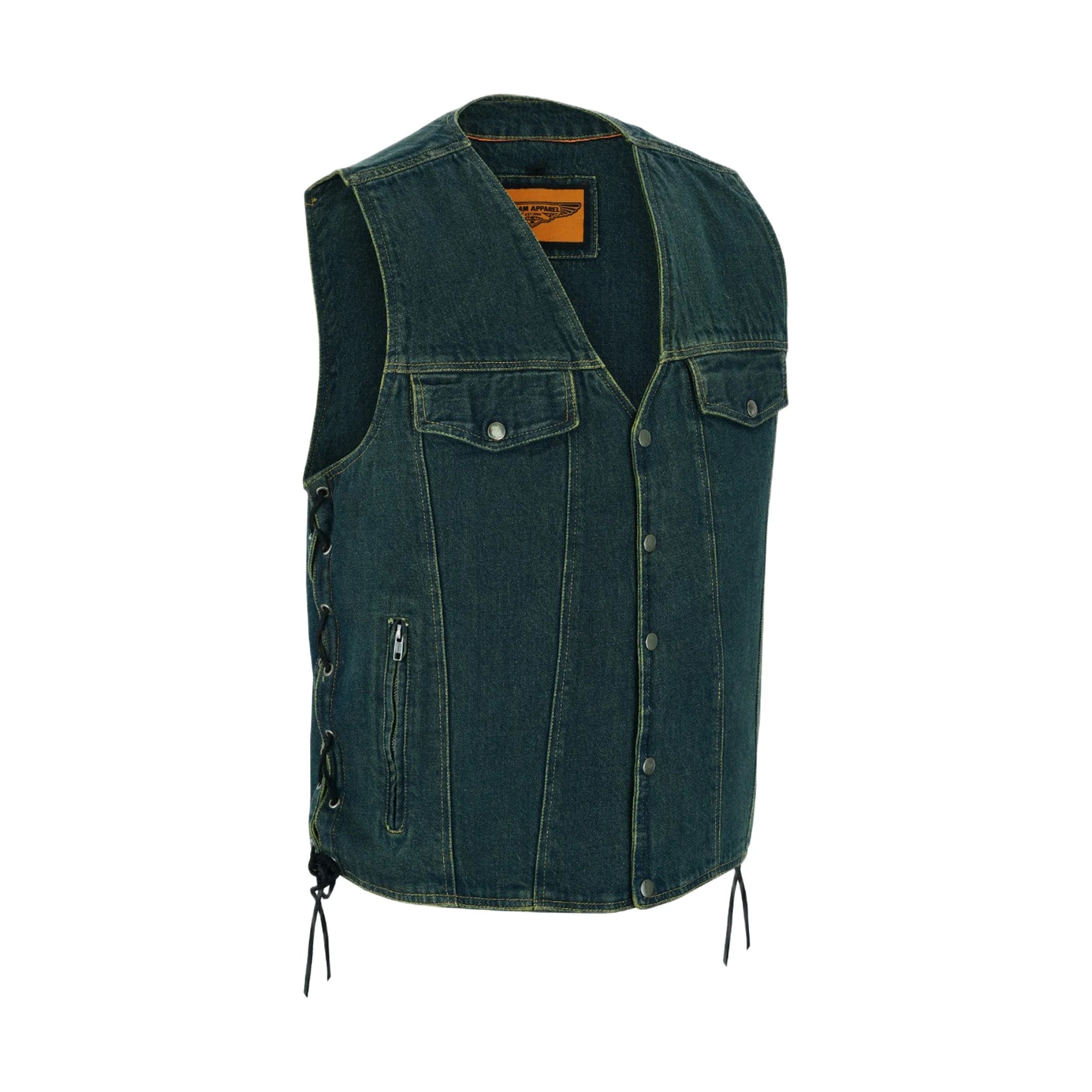 Motorcycle Denim Vest Side Laces Snap Front Zipper Pockets Concealed