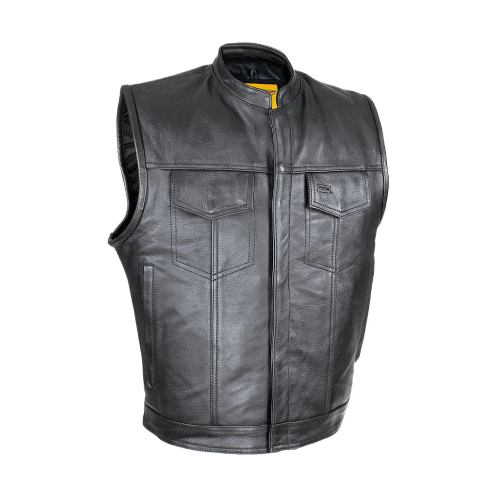 Cowhide Leather Motorcycle Club Vest Defender Vest Black Racer Style Collar Conceal Gun Pockets