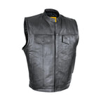 Cowhide Leather Motorcycle Club Vest Defender Vest Black Racer Style Collar Conceal Gun Pockets
