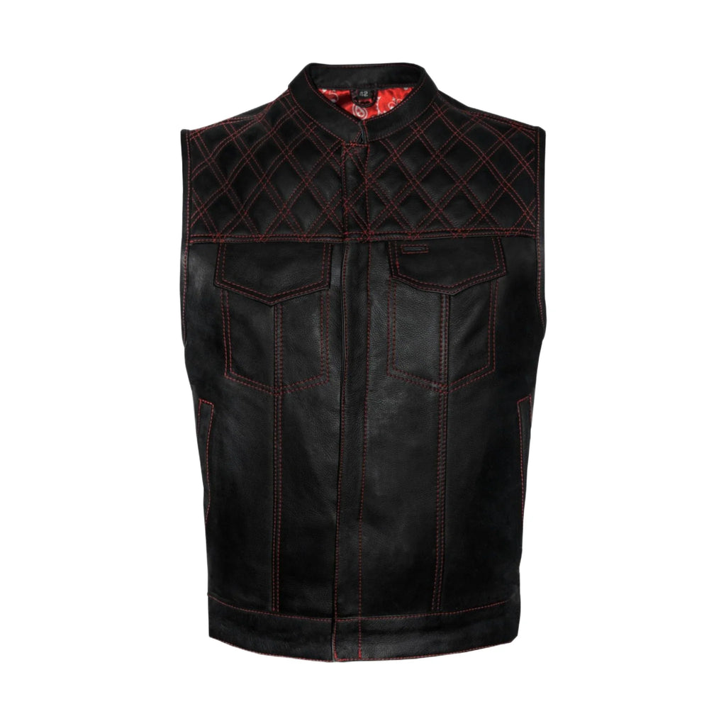 Dream Apparel Men's Leather Club Vest Red Thread, Red Paisley Lining, Zipper Front, Diamond Padding