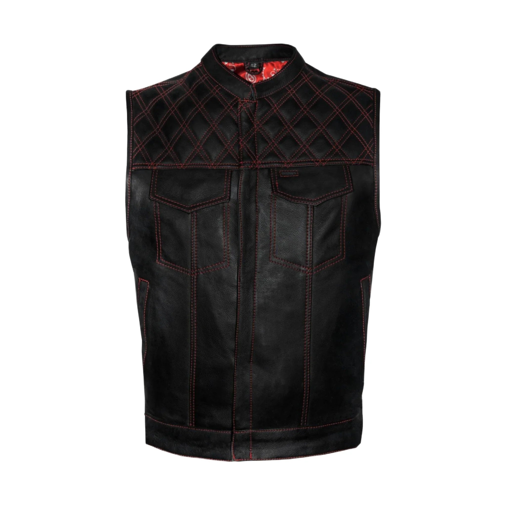 Dream Apparel Men's Leather Club Vest Red Thread, Red Paisley Lining, Zipper Front, Diamond Padding