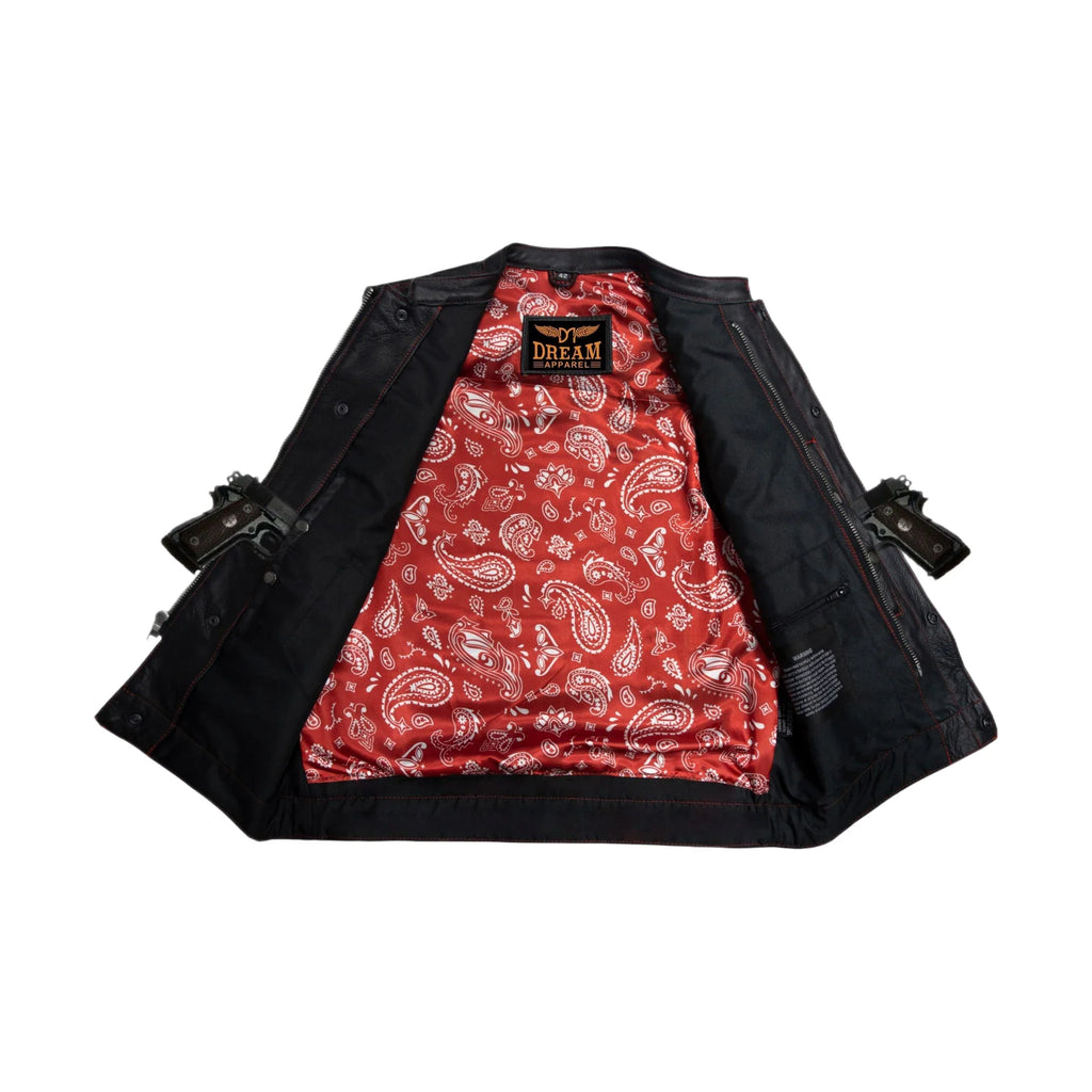 Dream Apparel Men's Leather Club Vest Red Thread, Red Paisley Lining, Zipper Front, Diamond Padding