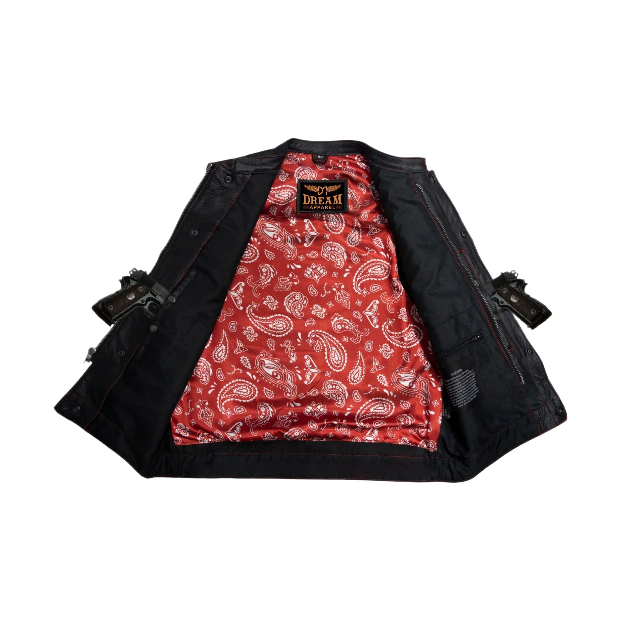 Dream Apparel Men's Leather Club Vest Red Thread, Red Paisley Lining, Zipper Front, Diamond Padding