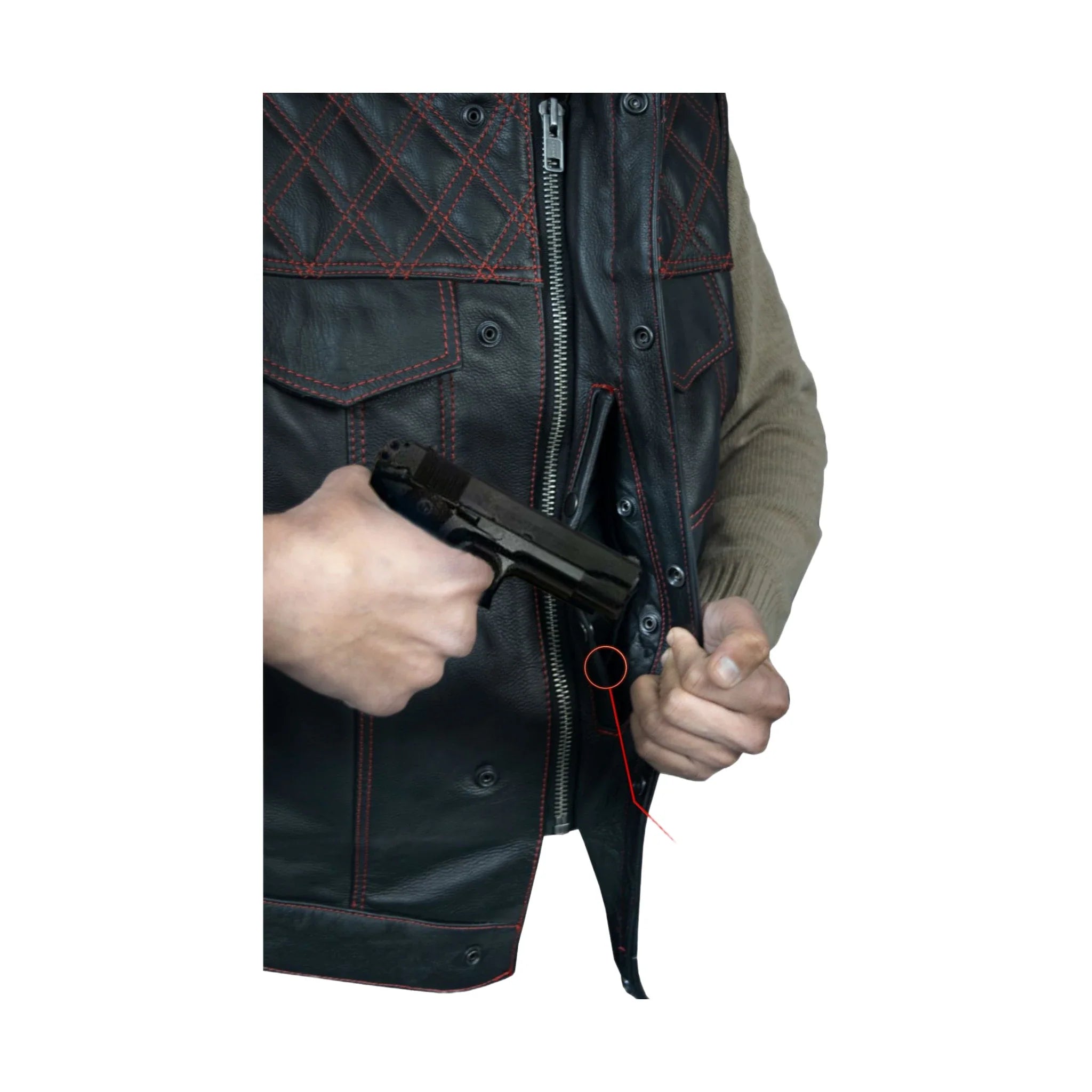 Dream Apparel Men's Leather Club Vest Red Thread, Red Paisley Lining, Zipper Front, Diamond Padding