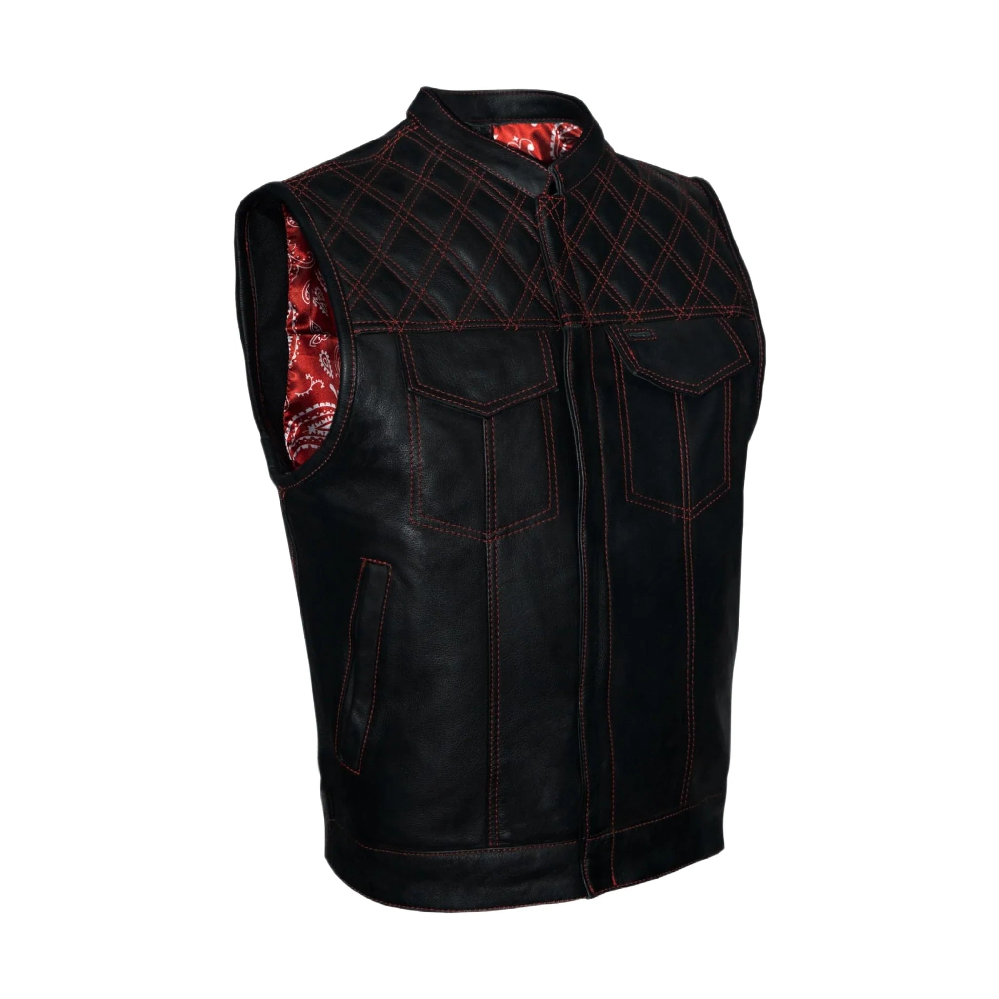 Men's Leather Club Vest Dream Apparel Diamond Padding Red Thread Paisley Lining