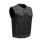 Mens Black Denim Vest Diamond Design White Thread Casual Style
