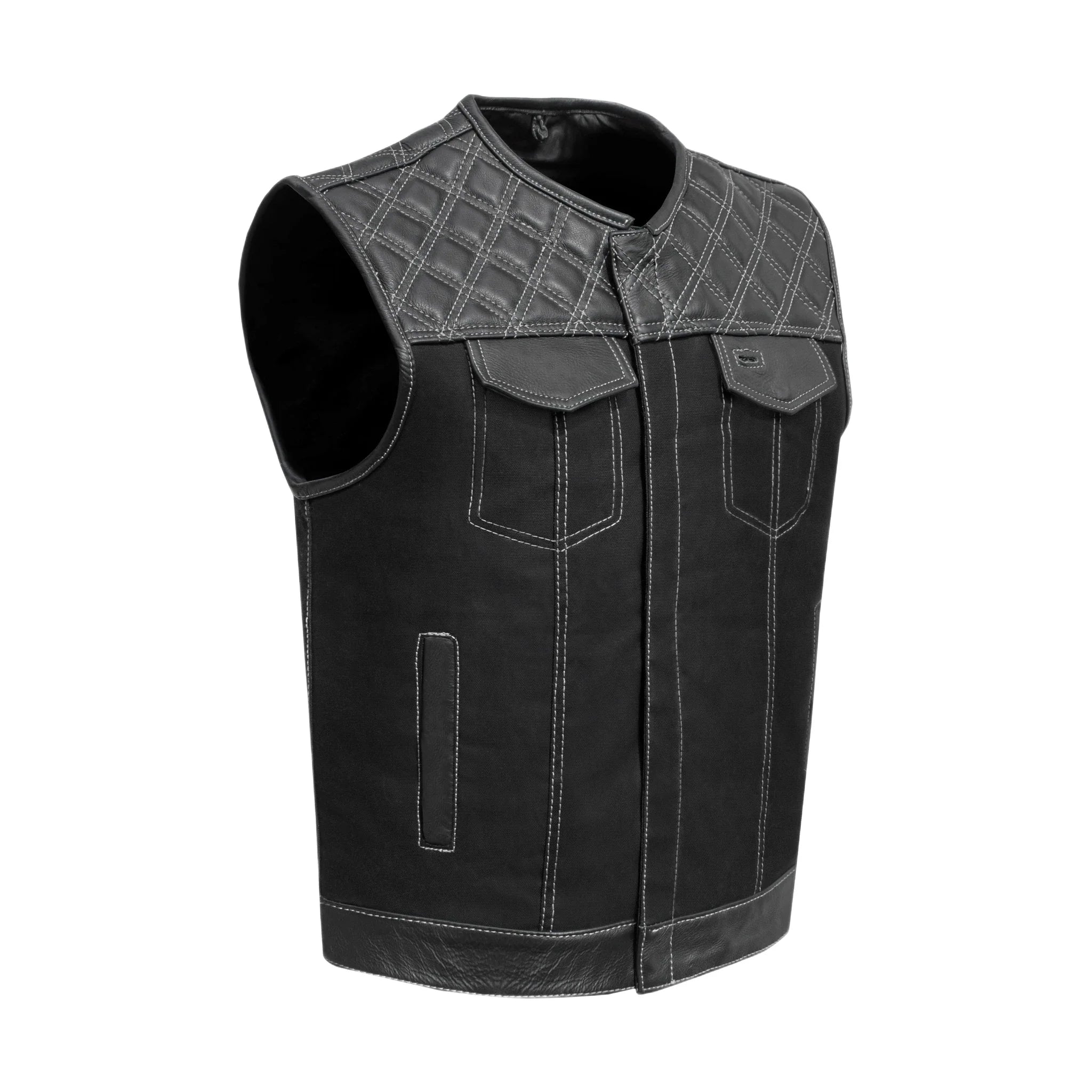 Mens Black Denim Vest Diamond Design White Thread Casual Style