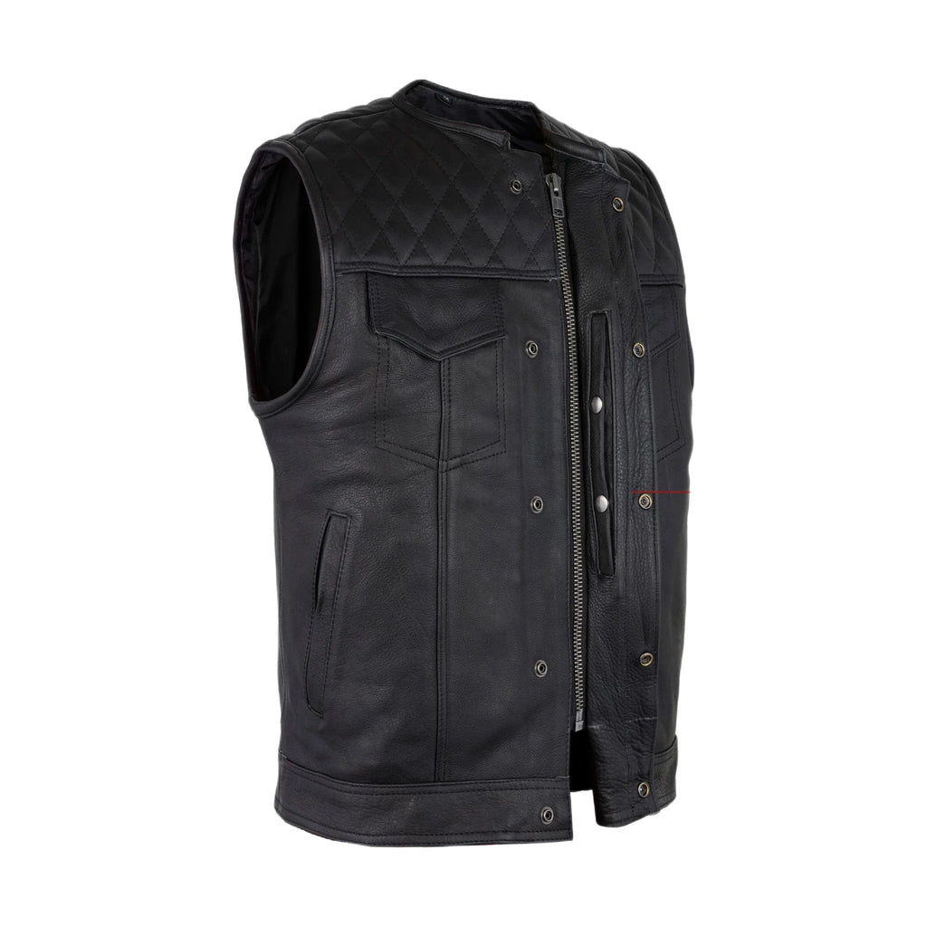 Men's Zippered 1/2" Collar Motorcycle Club Vest with Diamond Padded Shoulder Conceal Carry Pockets