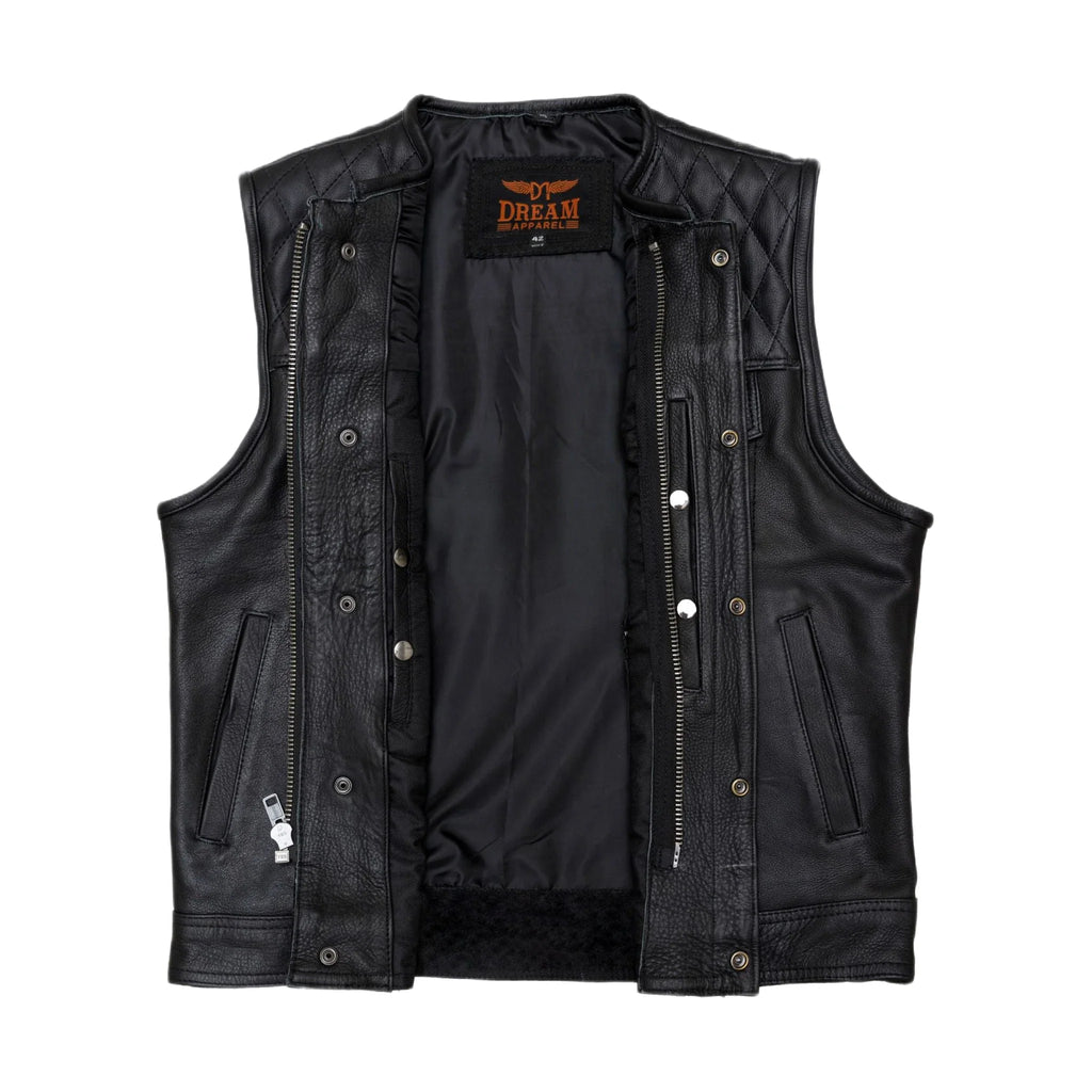 Men's Zippered 1/2" Collar Motorcycle Club Vest with Diamond Padded Shoulder Conceal Carry Pockets