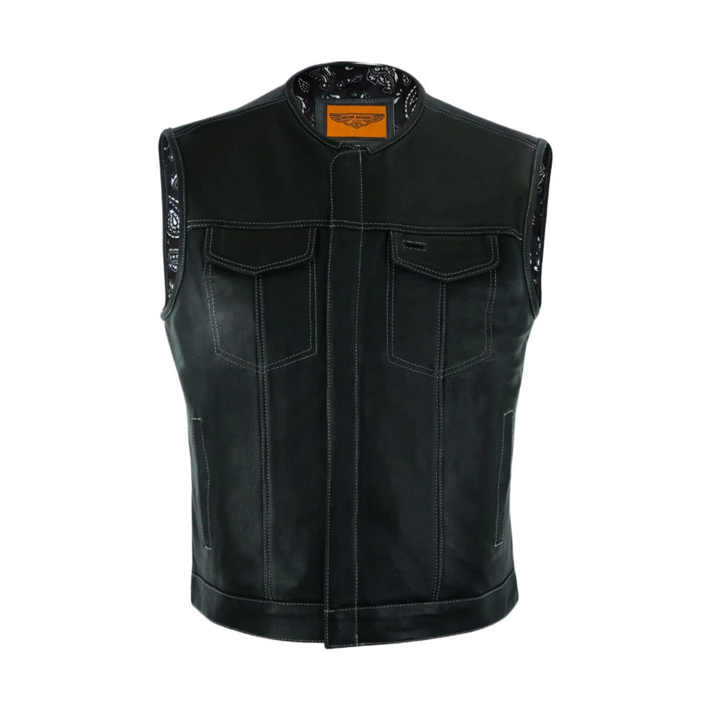 Dream Apparel Mens Club Vest Black Paisley Liner, White Thread Front Zipper Conceal Gun Pockets