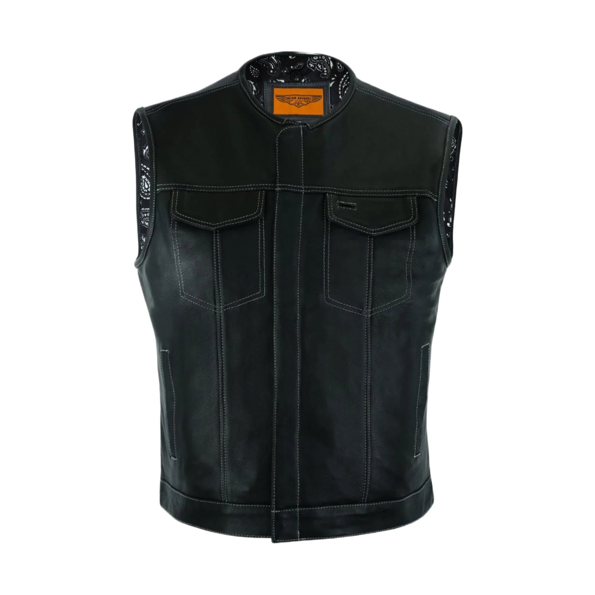 Dream Apparel Mens Club Vest Black Paisley Liner, White Thread Front Zipper Conceal Gun Pockets