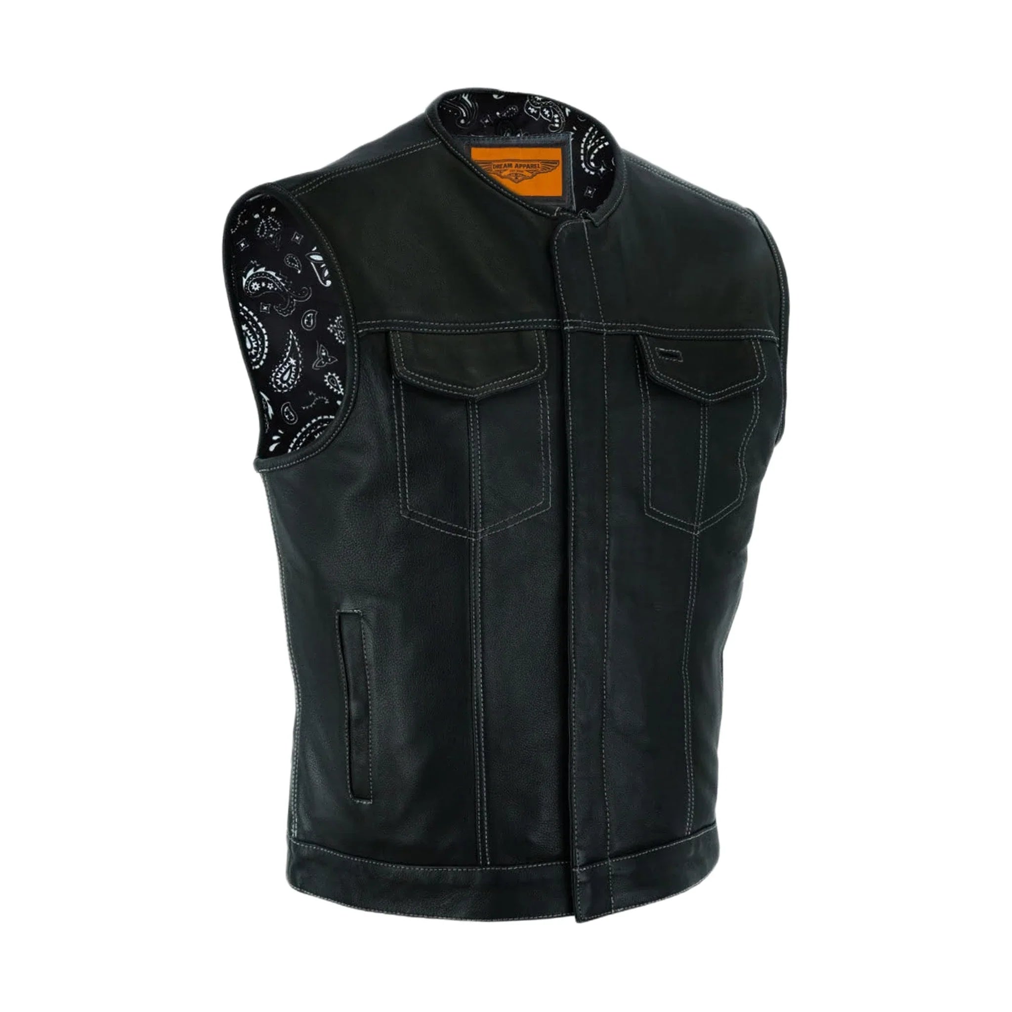 Men's Dream Apparel Club Vest Genuine Naked Cowhide Leather Black Paisley Liner Concealed Gun Pockets