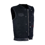 Mens Black Denim Biker Vest With Leather Trims & Front Zipper