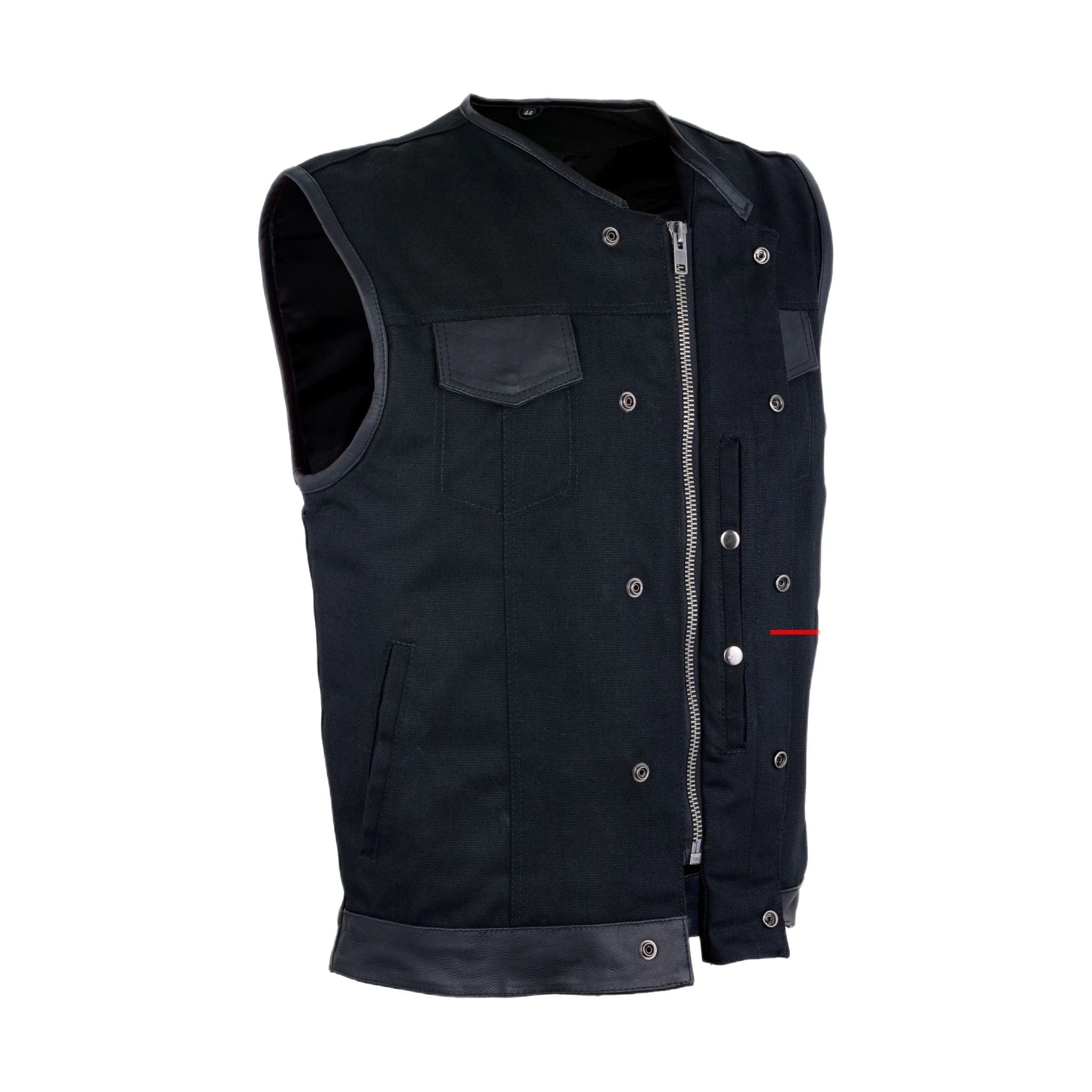 Mens Black Denim Biker Vest With Leather Trims & Front Zipper