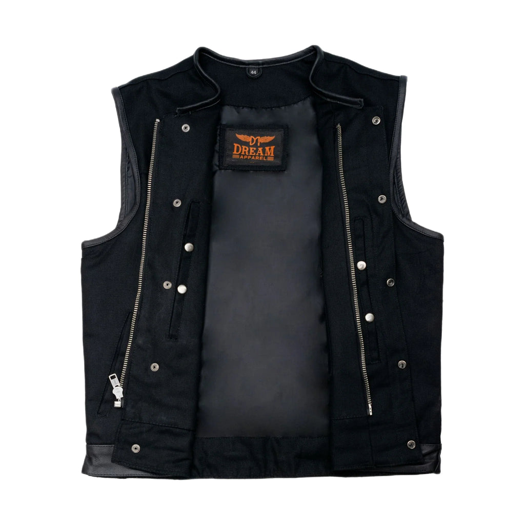 Mens Black Denim Biker Vest With Leather Trims & Front Zipper