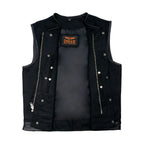 Mens Black Denim Biker Vest With Leather Trims & Front Zipper