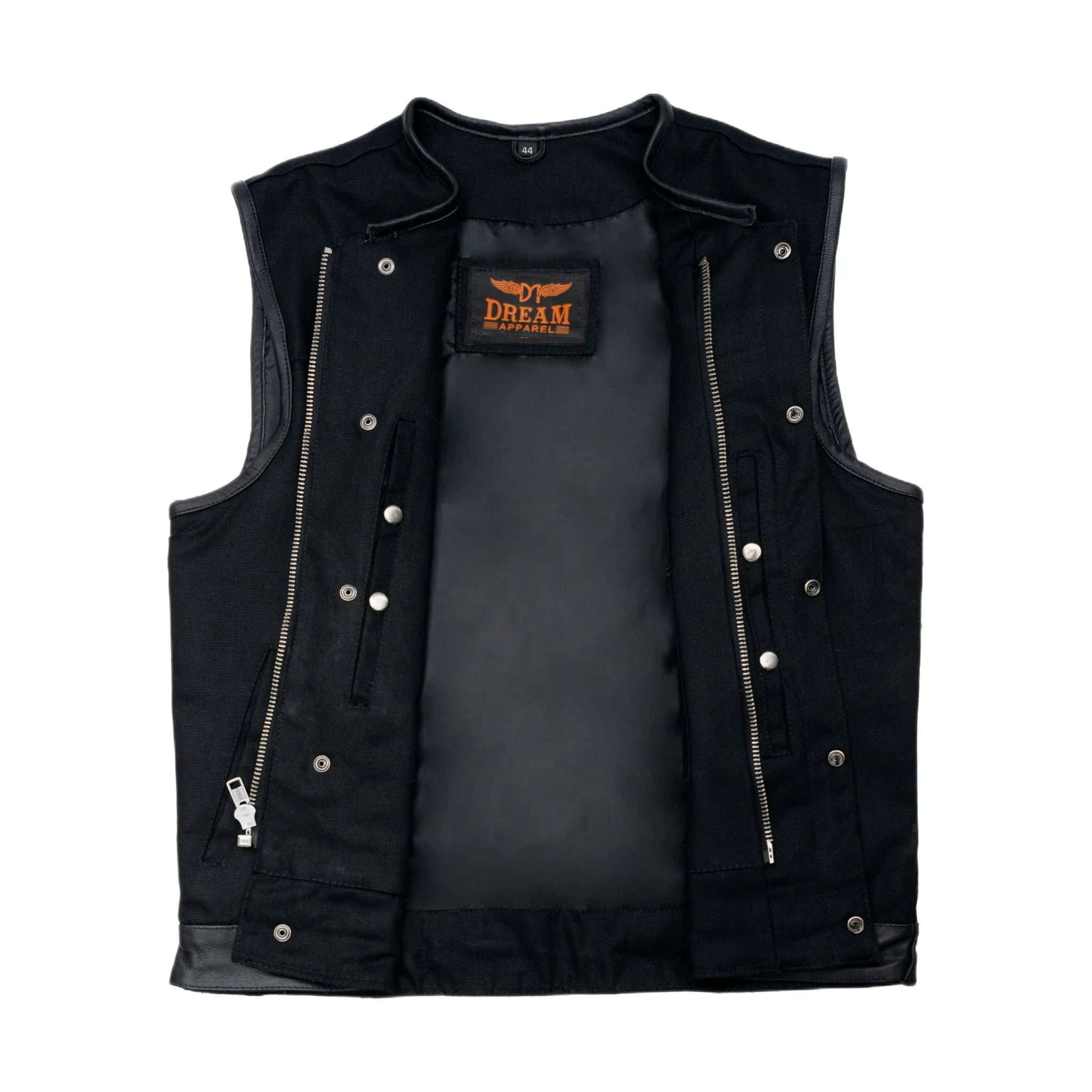 Mens Black Denim Biker Vest With Leather Trims & Front Zipper