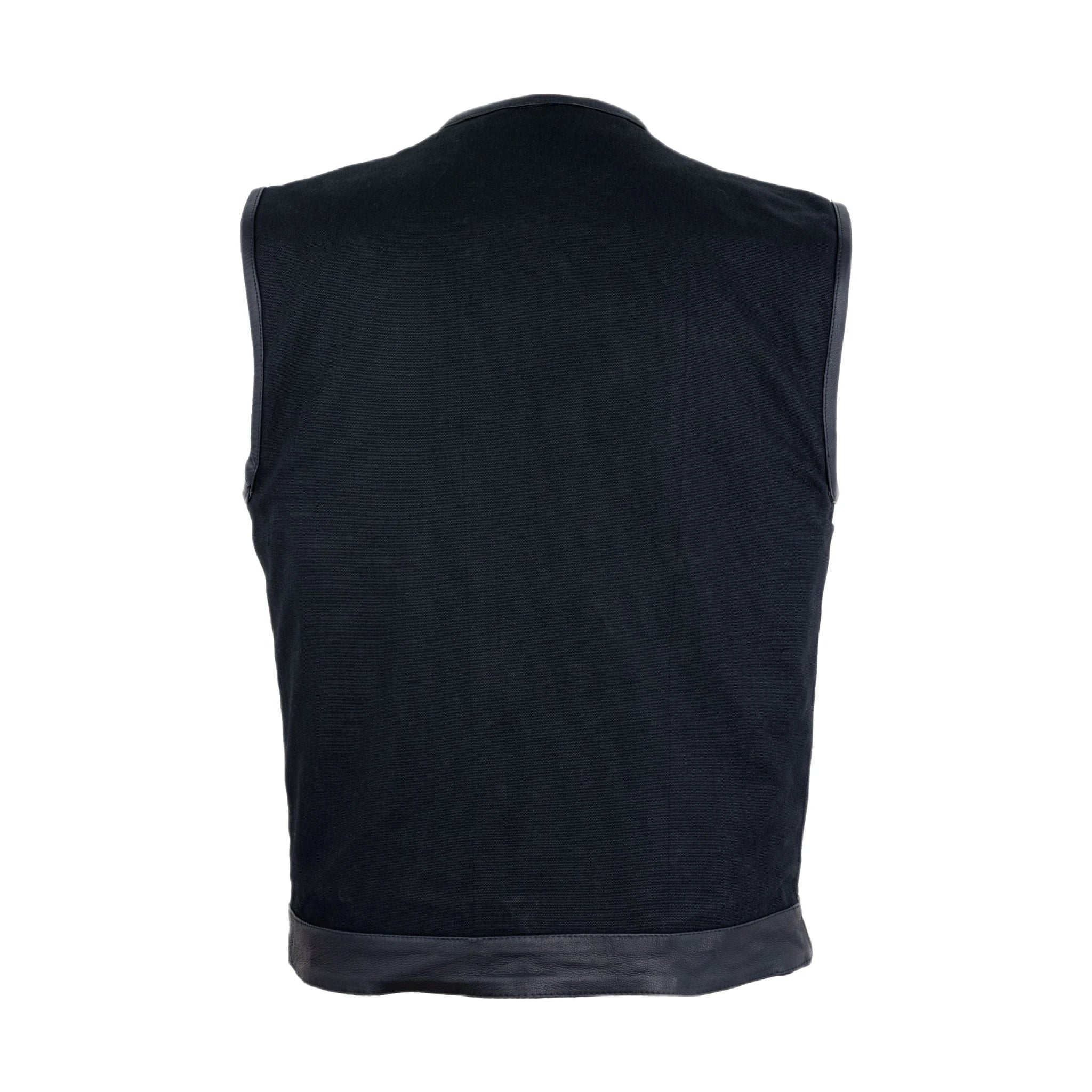 Mens Black Denim Biker Vest With Leather Trims & Front Zipper
