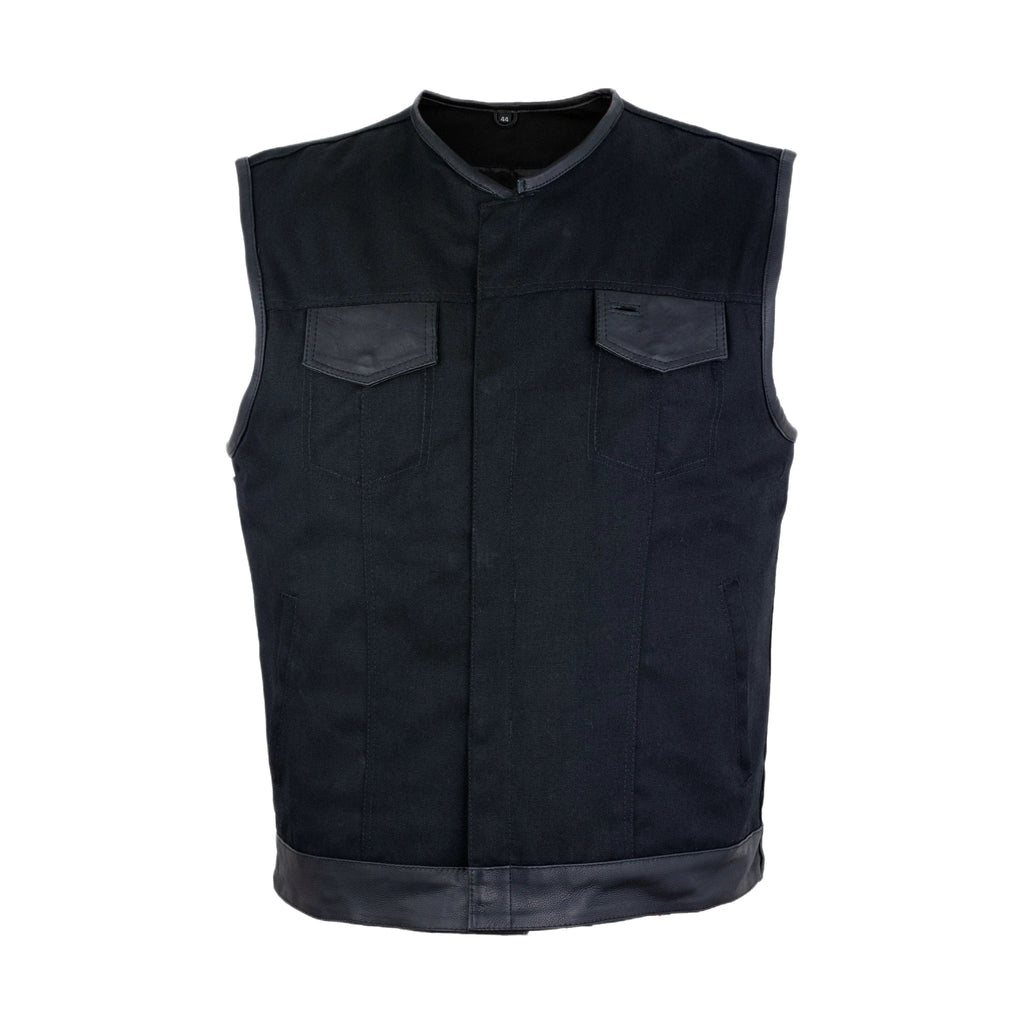 Mens Black Denim Biker Vest Dream Apparel Leather Trim Front Zipper Pockets