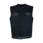 Mens Black Denim Biker Vest Dream Apparel Leather Trim Front Zipper Pockets