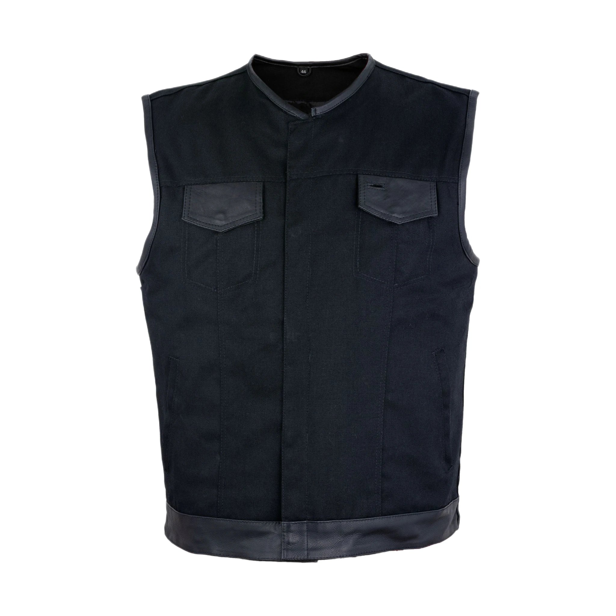 Mens Black Denim Biker Vest Dream Apparel Leather Trim Front Zipper Pockets