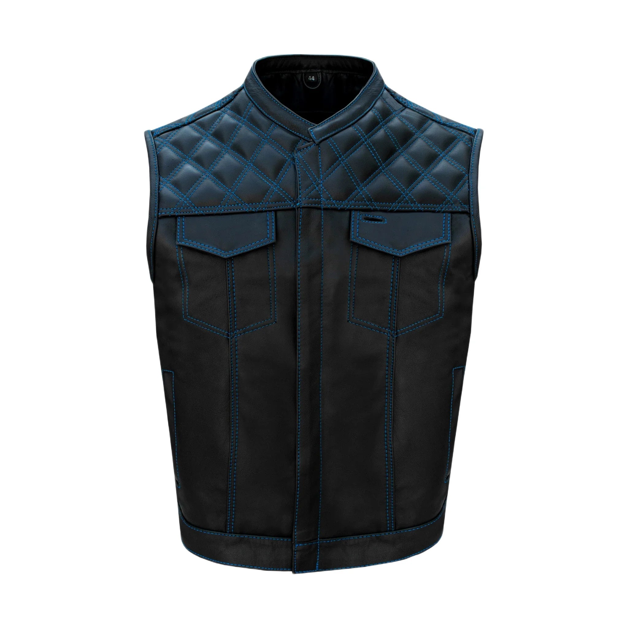 Dream Apparel Mens Black Club Vest Diamond Design Blue Thread Premium Cowhide Leather
