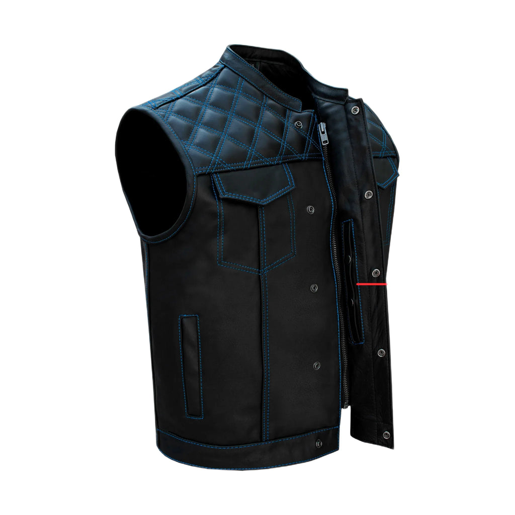 Dream Apparel Mens Black Club Vest Diamond Design Blue Thread Premium Cowhide Leather