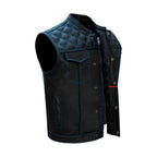 Dream Apparel Mens Black Club Vest Diamond Design Blue Thread Premium Cowhide Leather