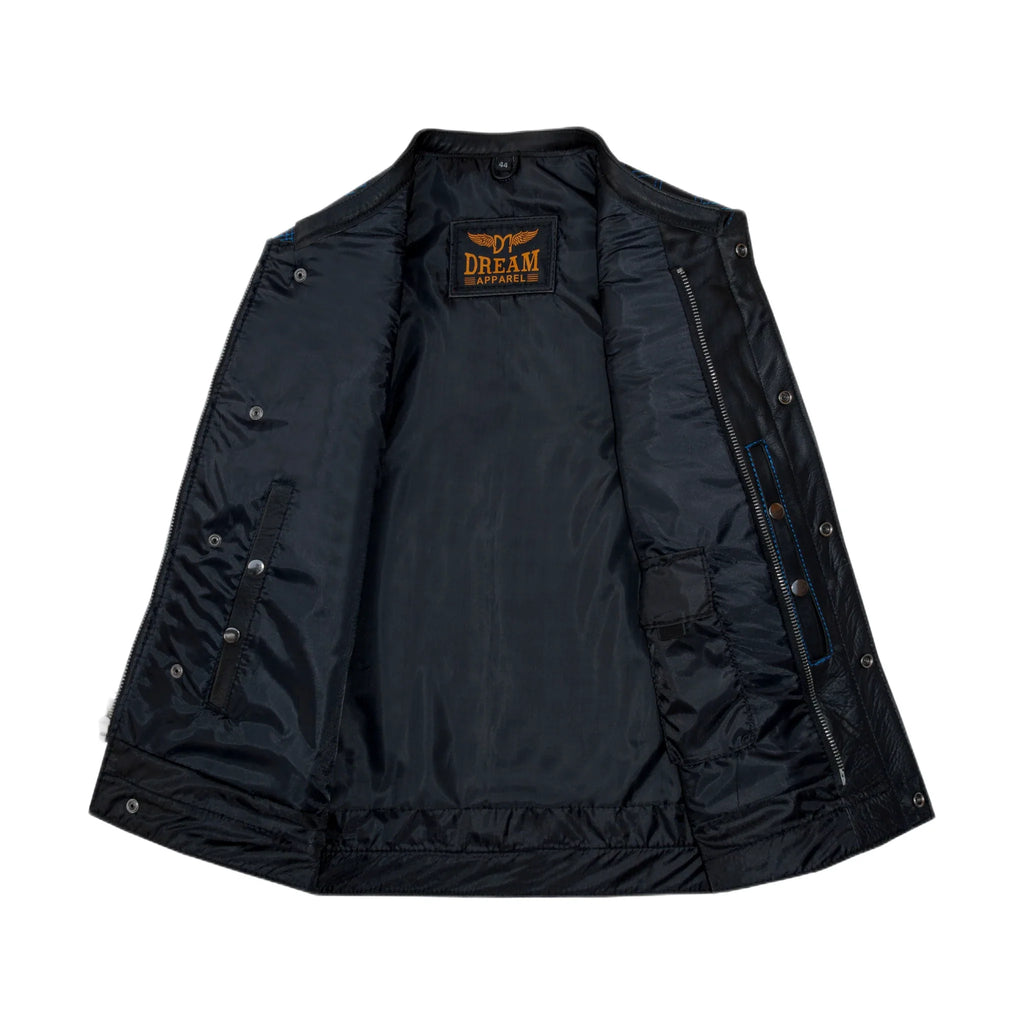 Dream Apparel Mens Black Club Vest Diamond Design Blue Thread Premium Cowhide Leather