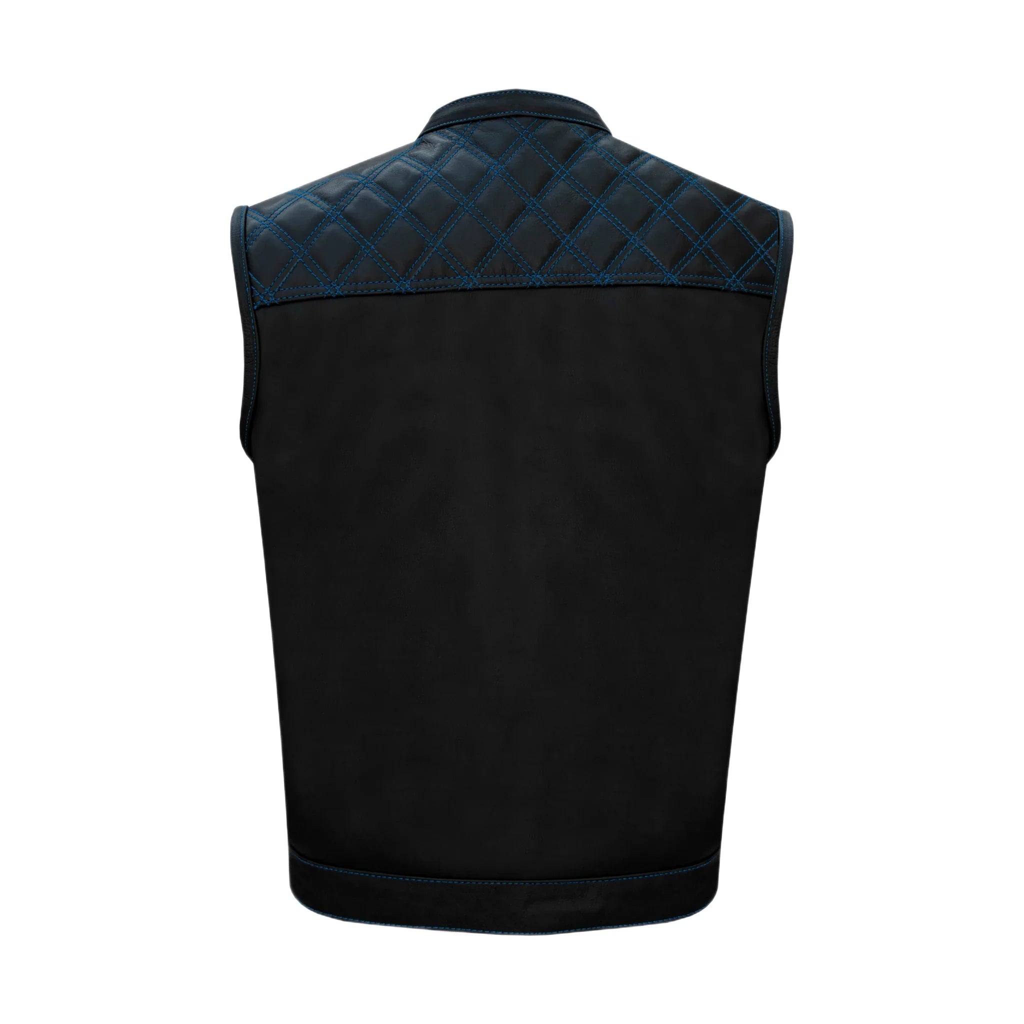 Dream Apparel Mens Black Club Vest Diamond Design Blue Thread Premium Cowhide Leather