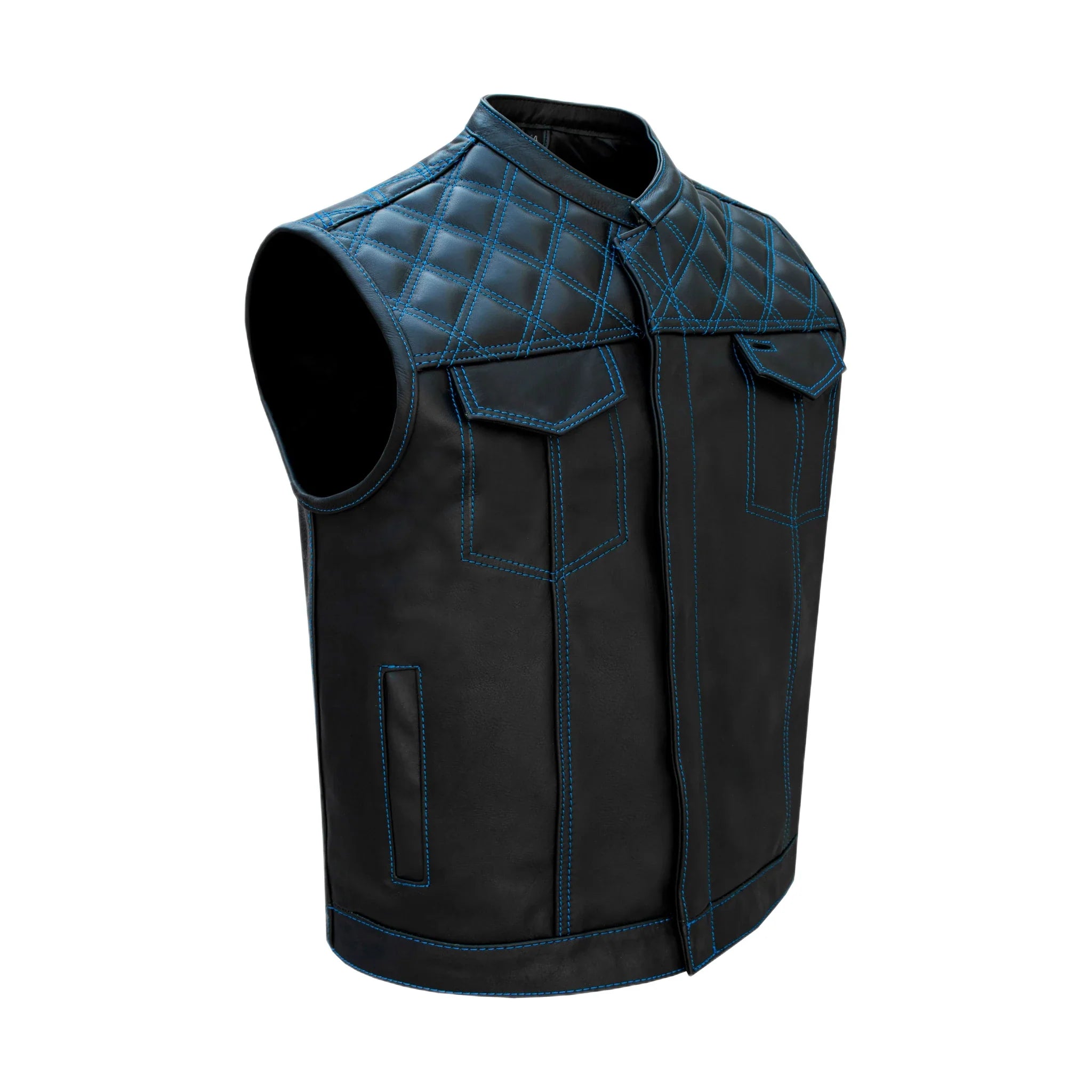 Dream Apparel Mens Black Club Vest Diamond Design Blue Thread Premium Cowhide Leather