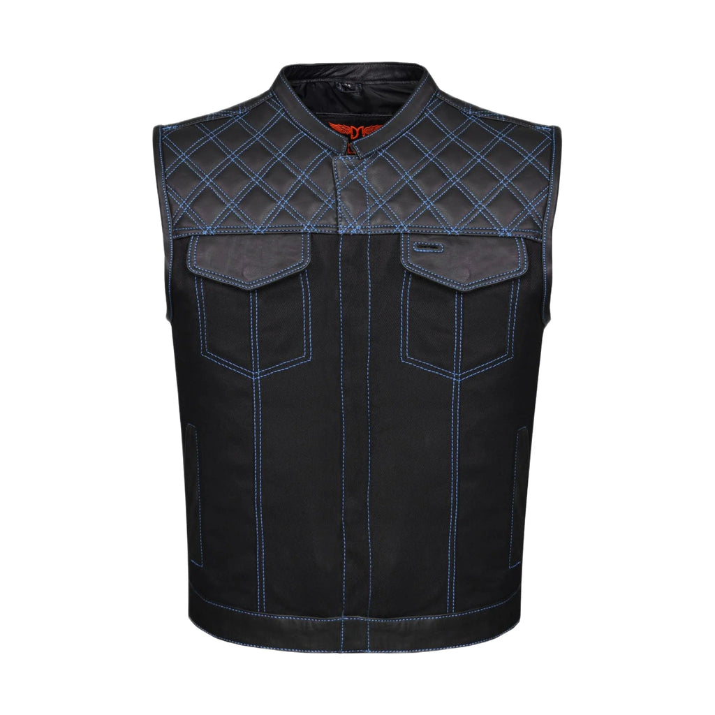 Dream Apparel Mens Black Club Vest Diamond Design Blue Thread Leather & Denim