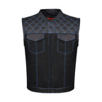 Dream Apparel Mens Black Club Vest Diamond Design Blue Thread Leather & Denim