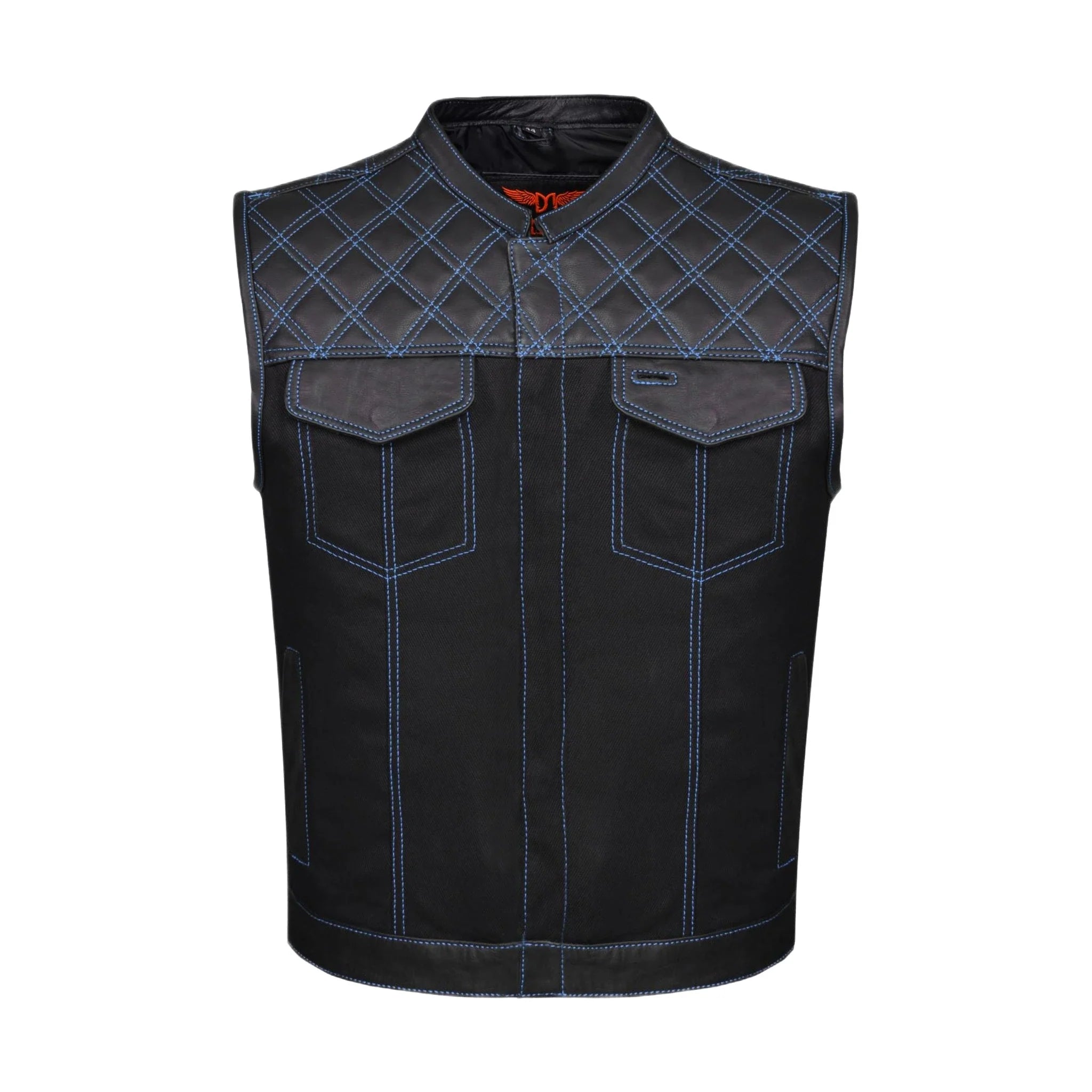 Dream Apparel Mens Black Club Vest Diamond Design Blue Thread Leather & Denim