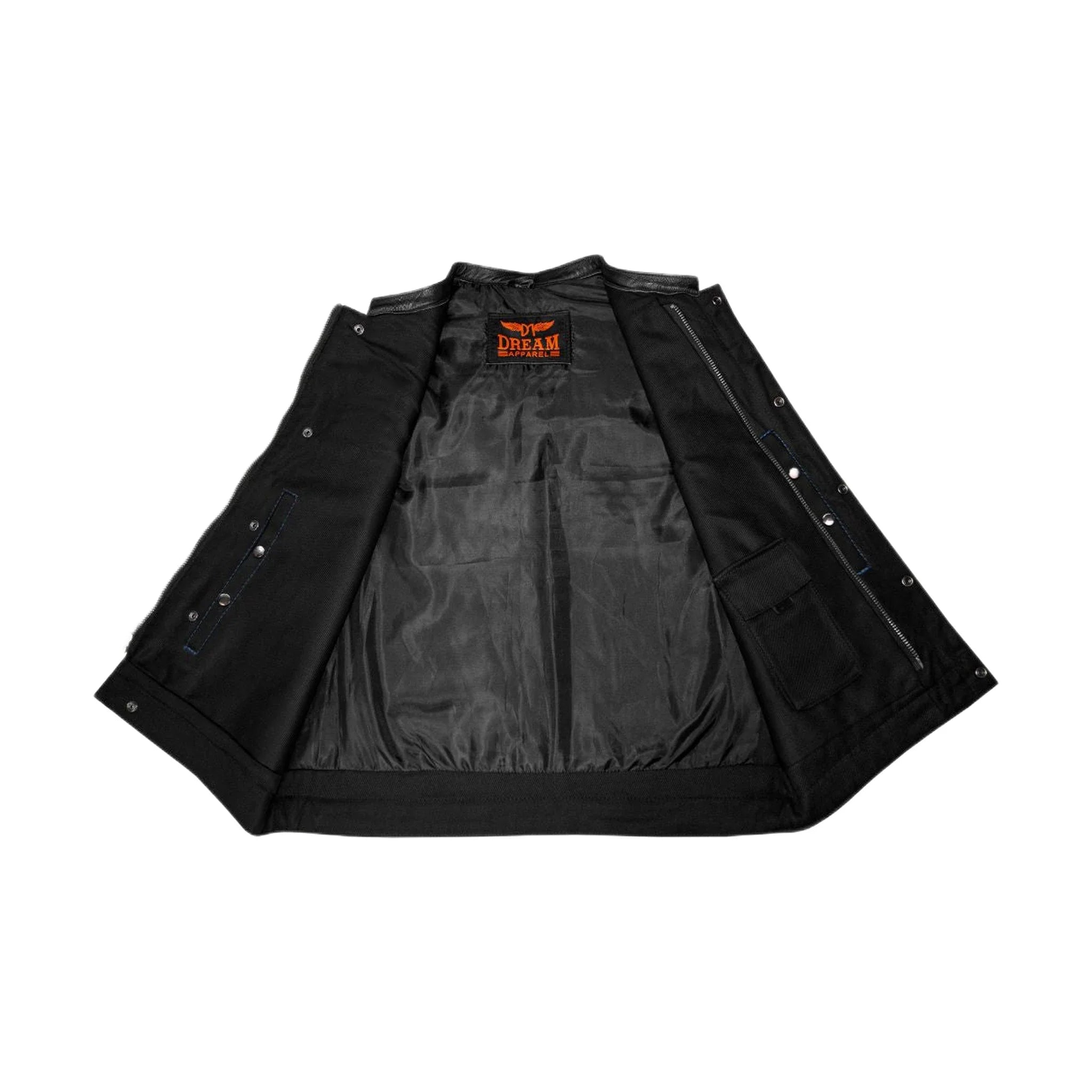 Dream Apparel Mens Black Club Vest Diamond Design Blue Thread Leather & Denim