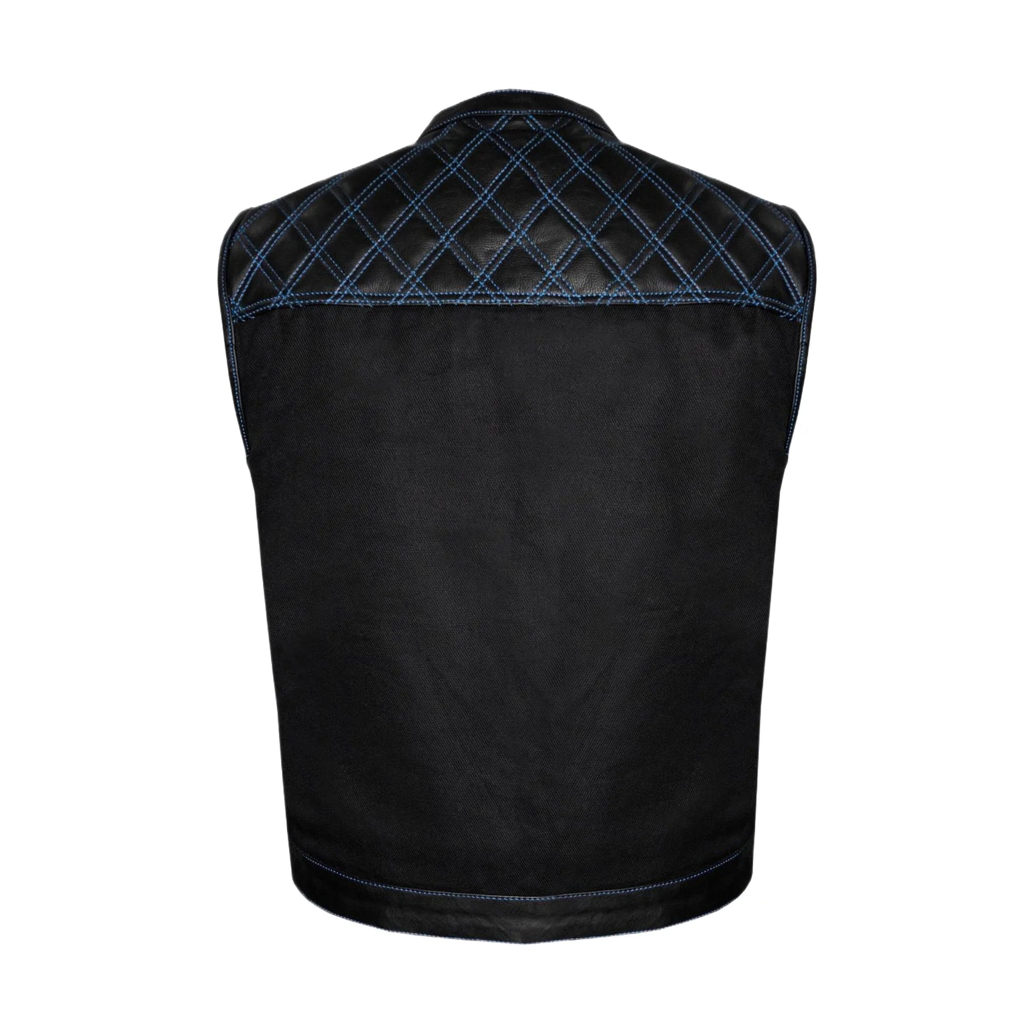 Dream Apparel Mens Black Club Vest Diamond Design Blue Thread Leather & Denim