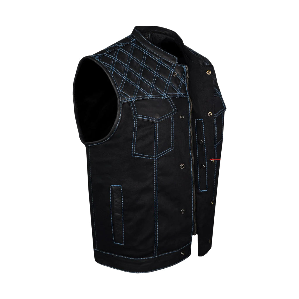 Dream Apparel Mens Black Club Vest Diamond Design Blue Thread Leather & Denim