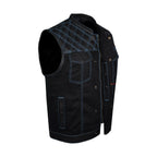 Dream Apparel Mens Black Club Vest Diamond Design Blue Thread Leather & Denim