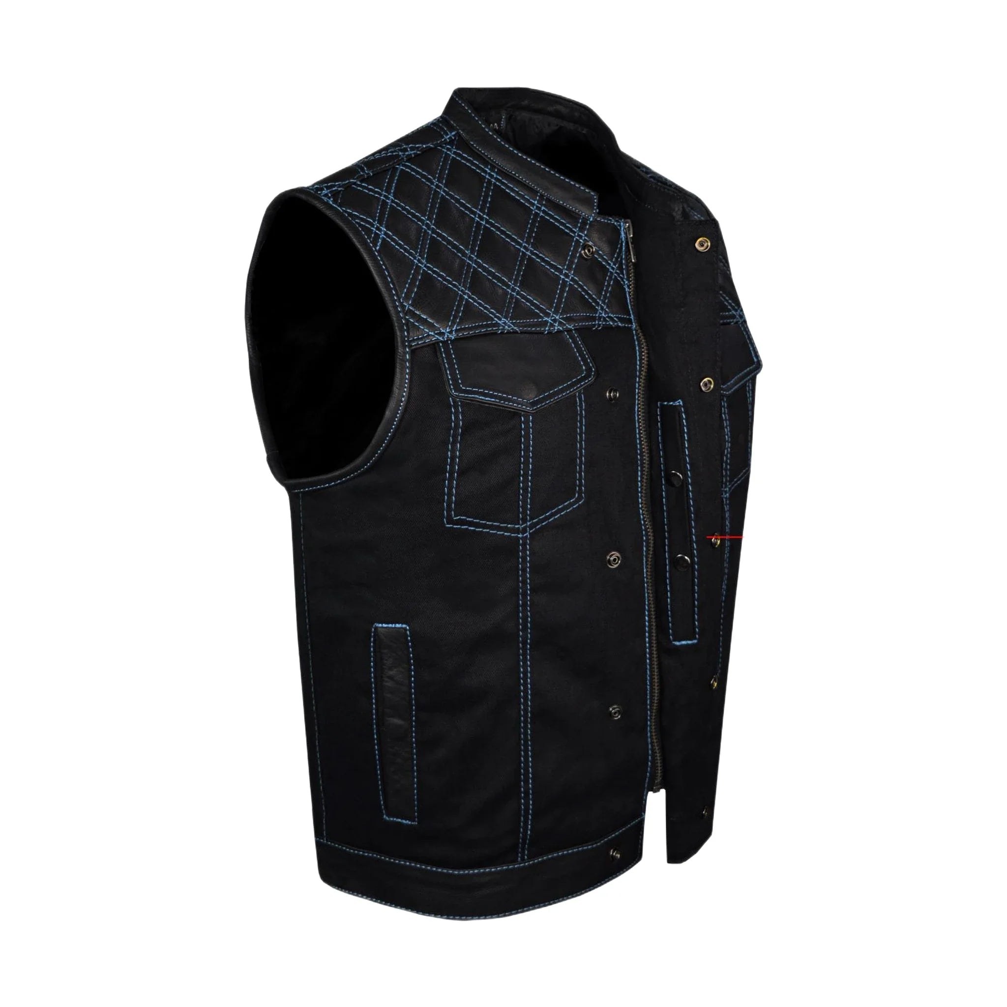Dream Apparel Mens Black Club Vest Diamond Design Blue Thread Leather & Denim
