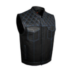 Mens Motorcycle Club Vest Dream Apparel Black Denim Leather Diamond Design Blue Thread