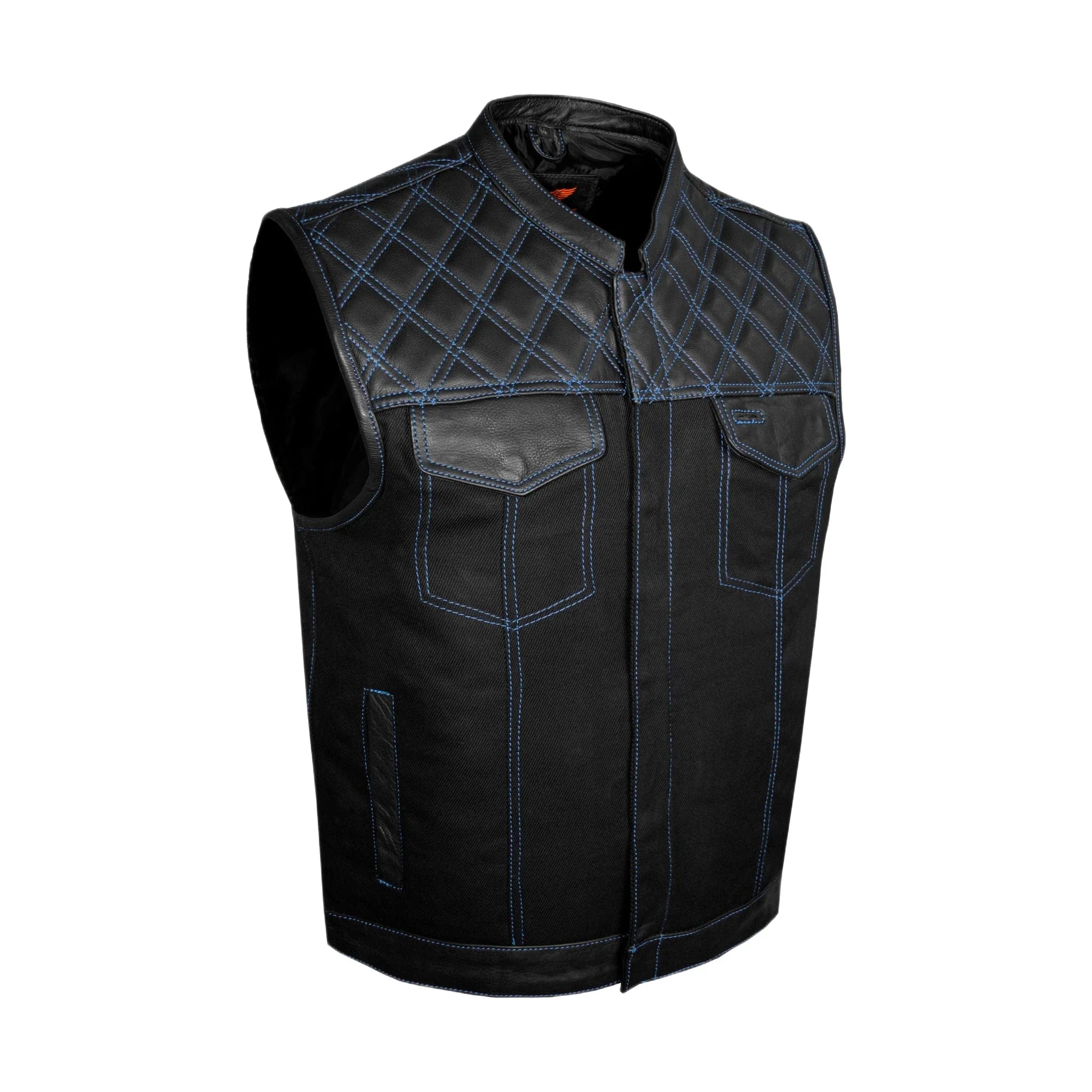 Mens Motorcycle Club Vest Dream Apparel Black Denim Leather Diamond Design Blue Thread