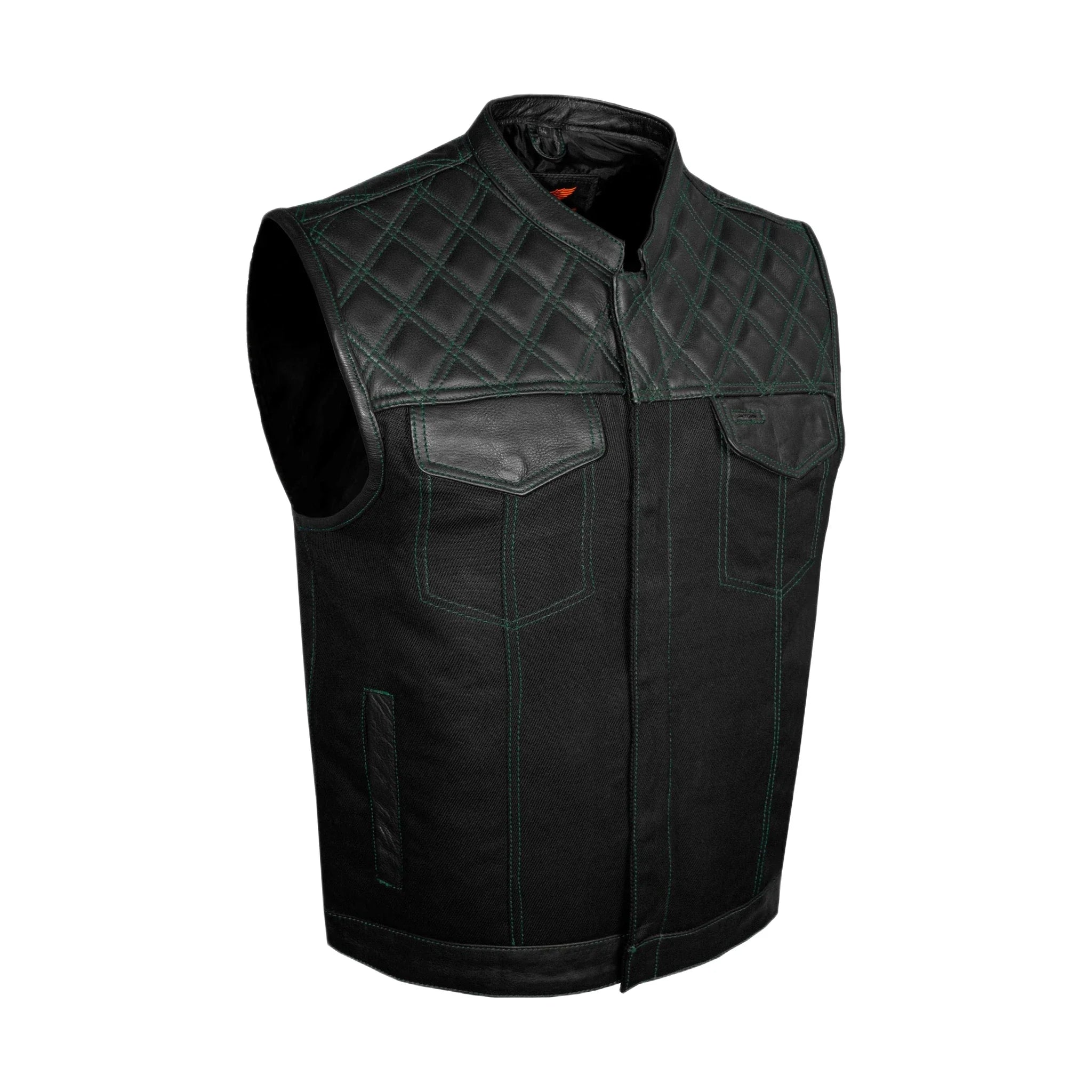 Mens Motorcycle Club Vest Dream Apparel Black Leather Denim Diamond Green Thread