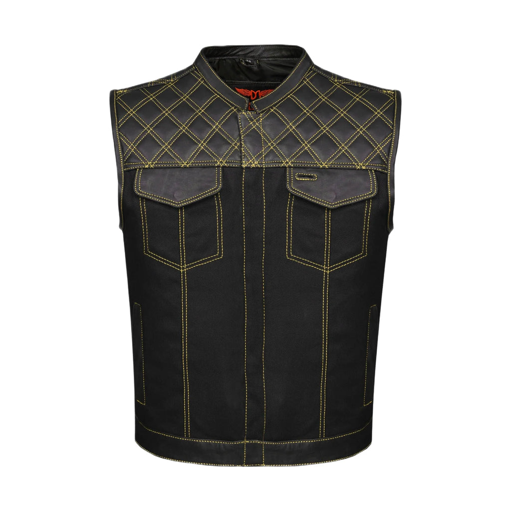 Dream Apparel Mens Black Club Vest Diamond Design Yellow Thread Leather & Denim