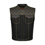 Dream Apparel Mens Black Club Vest Diamond Design Yellow Thread Leather & Denim